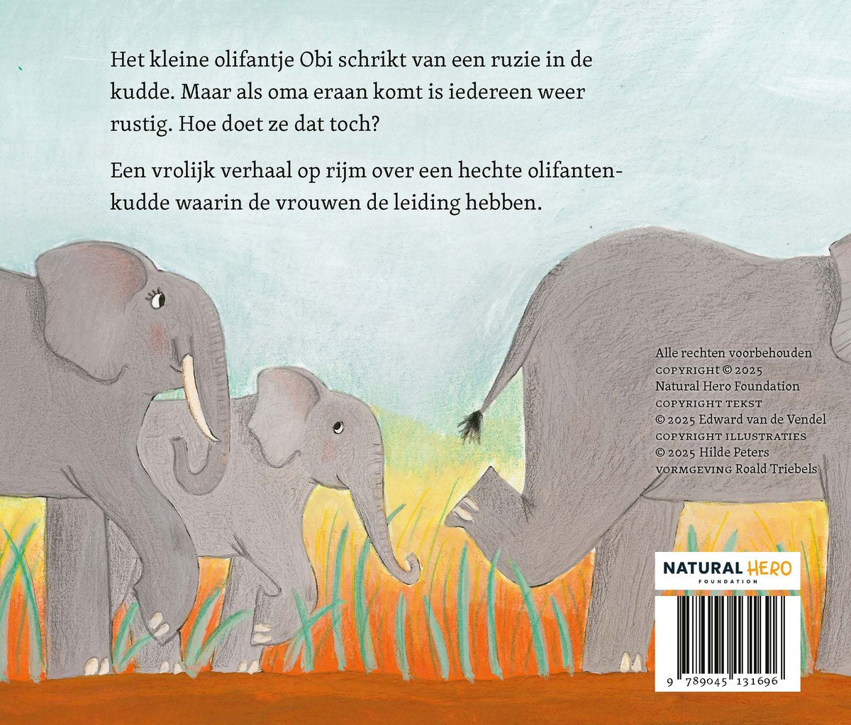 Achterkant van het kinderboek Olifantje Obi.