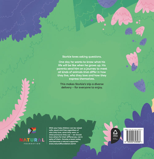 Achterkant van het kinderboek Storkie – Een bijzonder diverse bezorgdienst.