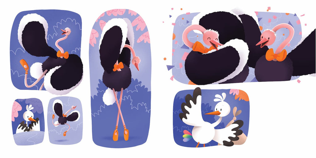 Illustratie uit het kinderboek Storkie – Een bijzonder diverse bezorgdienst.