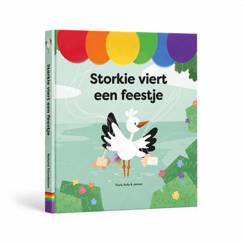 Voorkant van het kinderboek Storkie viert een feestje.
